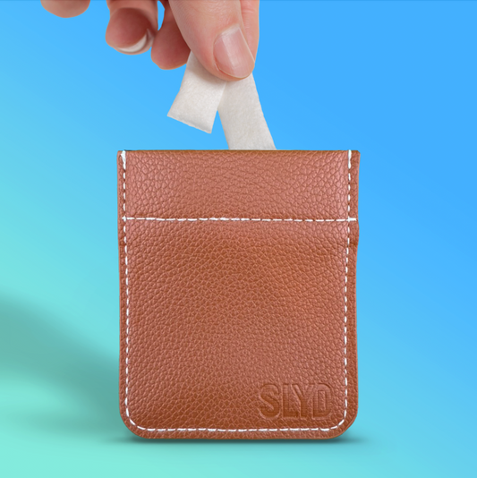 Brown leather pocket square with 'SLYD' branding on a blue background