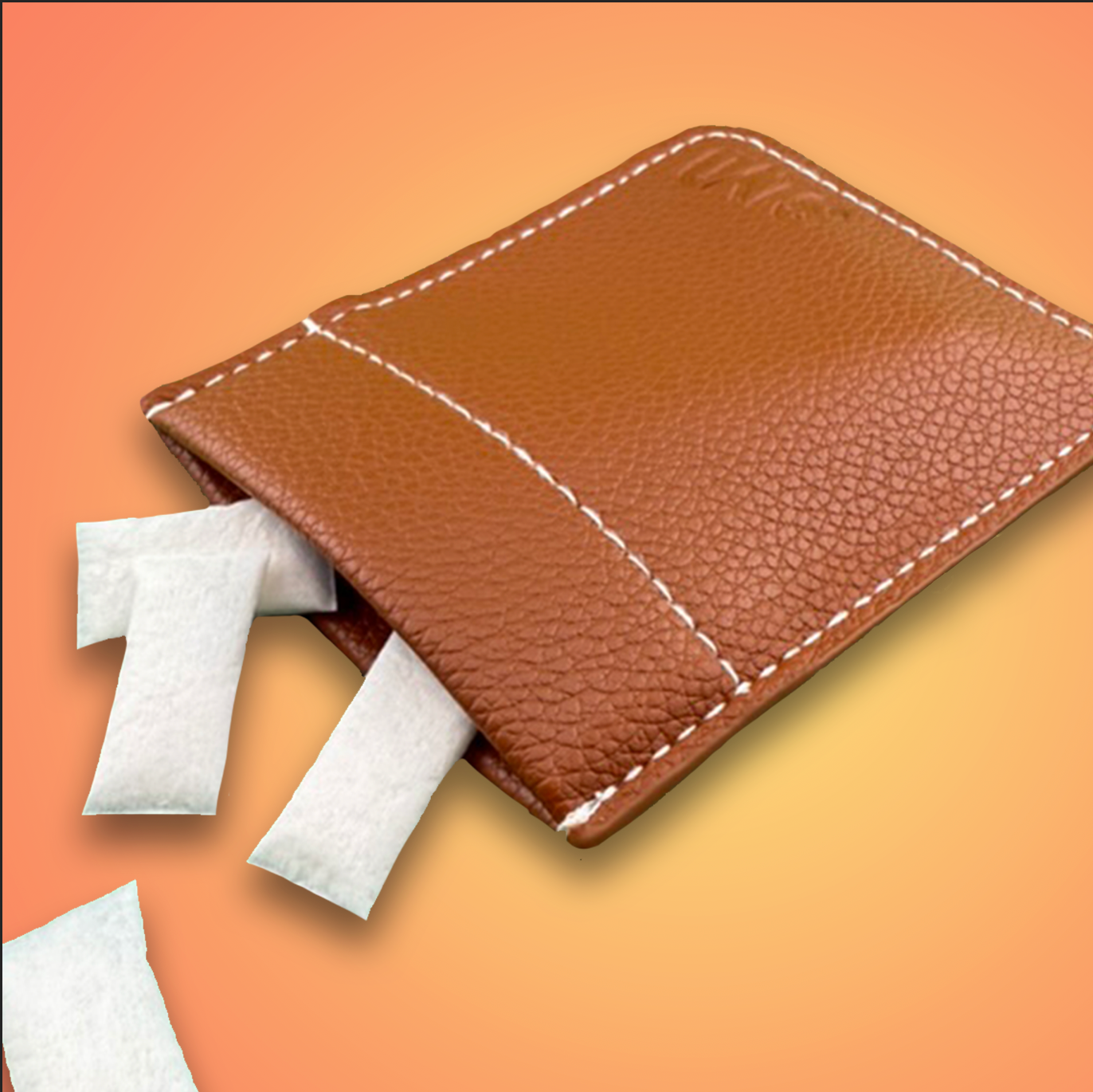 SLYD Brown leather wallet with white patches on a gradient background