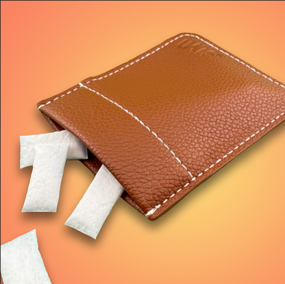 SLYD Brown leather wallet with white patches on a gradient background